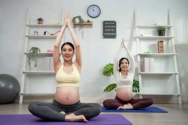 Asyalı iki hamile kadın oturma odasında yoga yapıyor. Egzersiz yapan çekici, hamile anneler, ve vücut geliştirme egzersizleri, birlikte doğum için hazırlık, ev yoga sınıfının bir parçası.