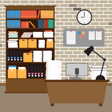 Vektör Office room.interior,books, Resepsiyon, saat, bilgisayar, kağıt