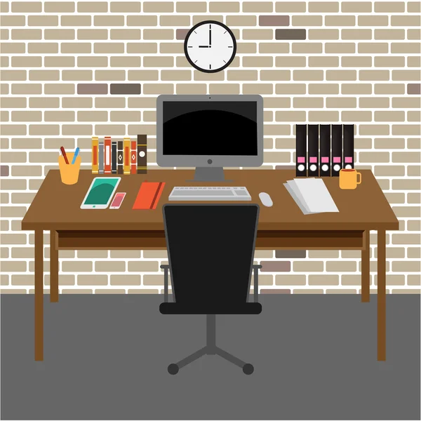 Vector Oficina room.interior, libros, escritorio, reloj, ordenador, papel — Archivo Imágenes Vectoriales