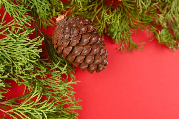 Decoração Natal Fundo Vermelho Vista Superior Foto Alta Qualidade — Fotografia de Stock