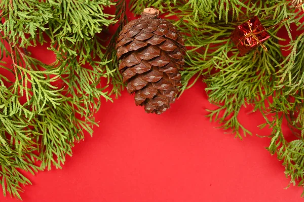 Decoração Natal Fundo Vermelho Vista Superior Foto Alta Qualidade — Fotografia de Stock