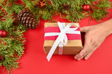 Kırmızı arka planda elinde hediye kutusu olan bir kız. Yüksek kalite fotoğraf