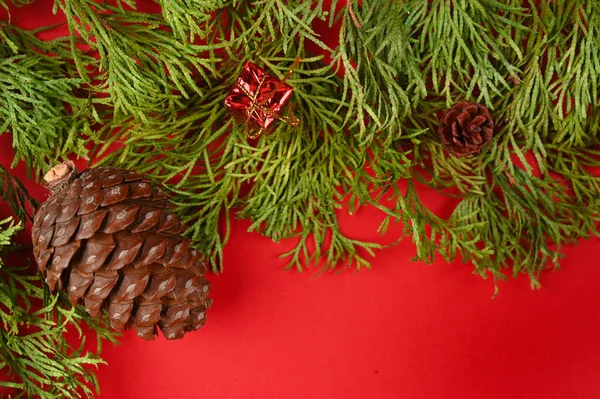 Decoração Natal Fundo Vermelho Vista Superior Foto Alta Qualidade — Fotografia de Stock
