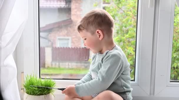 Çocuk çimleri makasla biçer. Pencere kenarında oturuyor. — Stok video