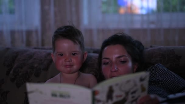 Mama și copilul citesc o carte despre animale. Mama dezvoltă orizonturile unui copil — Videoclip de stoc