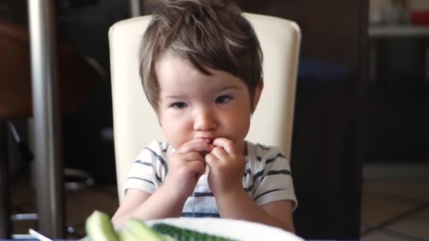 Child eating sliced cucumbers at the table of the house — Wideo stockowe