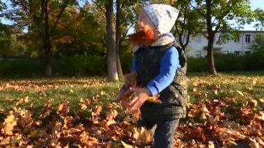 Annesi olan bir çocuk sonbahar parkında yaprak kusar....