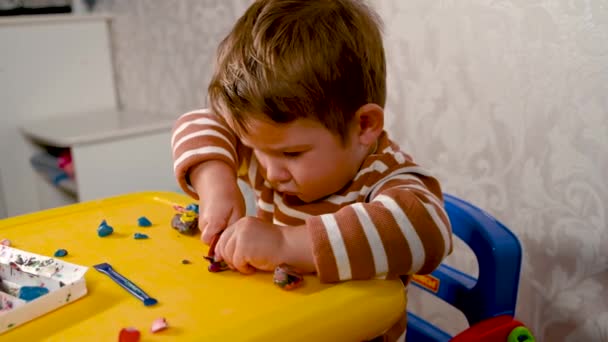 Niño en la mesa juega plastilina. Juegos educativos divertidos — Vídeo de stock