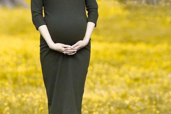 Beskuren Utsikt Över Gravid Kvinna Som Kramar Magen Årets Färg — Stockfoto