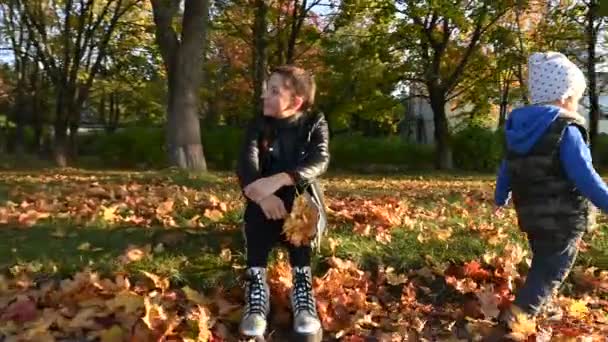 Anak dengan ibu bermain dengan daun di taman musim gugur. — Stok Video