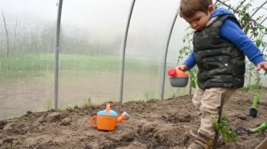 Serada kuru zemini sulayan bir çocuk. Yüksek kaliteli video