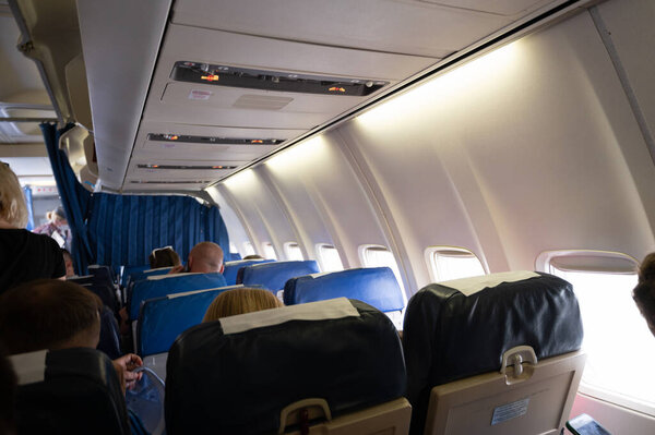 Minsk, Belarus - June 5, 2021: Passenger plane inside 