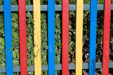 Gökkuşağı rengarenk ahşap çit, yakın çekim.