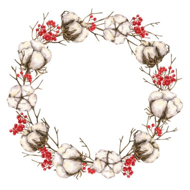 Suluboya pamuklu, dallı, kırmızı dutlu çiçek deseni. El çizimi beyaza izole edilmiş. Kış çelengi boho tasarımı, noel kartı, poster, logo, düğün davetiyesi için mükemmel.