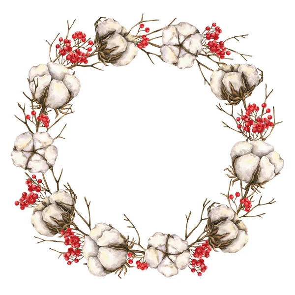 Cadre Floral Avec Coton Aquarelle Branches Baies Rouges Illustration Dessinée — Photo