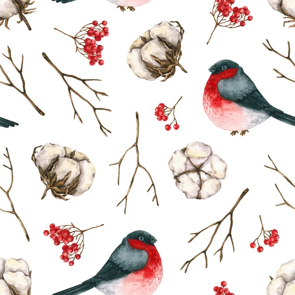 Nahtloses Muster Mit Aquarellstier Zweigen Baumwolle Roten Beeren Handgezeichnete Illustrationen — Stockfoto