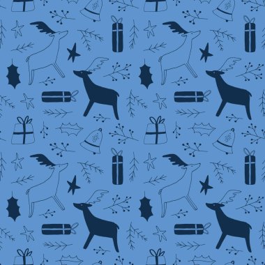 Noel Baba 'nın geyikleri ile kışın mükemmel bir düzen oluşturun. El çizimi çizimleri. Tatil süsü, yeni yıl tasarımı, şenlikli arka plan, Noel posteri, ambalaj kağıdı, kumaş tekstil için mükemmeldir.