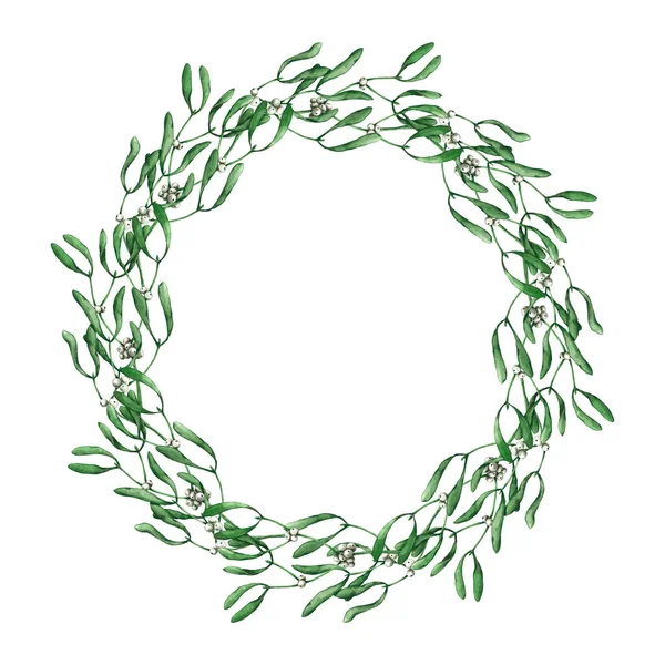 Wreath Watercolor White Mistletoe Hand Drawn Illustration Isolated White Frame — Stock Photo, Image