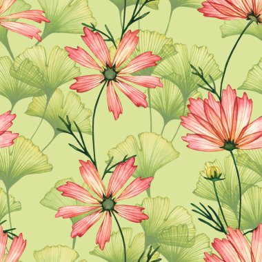 Suluboya x-ray çiçekleri ve yapraklarla kusursuz desen. El çizimi çizimi yeşilde izole edilmiş. Hava süsü, çiçeksel tasarım için mükemmeldir. Hassas duvar kağıdı, kumaş tekstil.