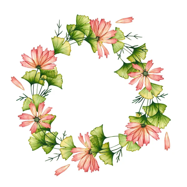 Suluboya yapraklı çelenk, çiçekler, taç yaprakları. Beyazın üzerine el çizimi illüstrasyon. Çiçekli yuvarlak çerçeve tebrik kartı, düğün davetiyesi kumaş tekstil, çiçek posteri, logo için mükemmel.