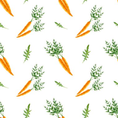 Suluboya havuç ve roka ile kusursuz desen. El çizimi beyaza izole edilmiş. Sebzeler tarımsal tasarım için mükemmeldir, çiftlik duvar kağıdı, mutfak arka planı, kumaş tekstil