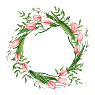 Round wreath with watercolor tulips, genista, pistache branches. Hand drawn illustration is isolated on white. Flower frame is perfect for floral design, greeting card, poster, wedding invitation