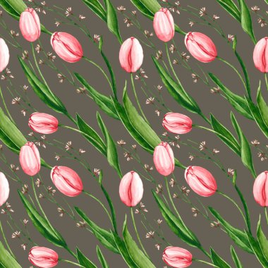 Seamless pattern with watercolor pink tulips and genista branches. Hand drawn illustration is on dark. Spring flowers are perfect for floral design, wrapping paper, wallpaper, fabric textile