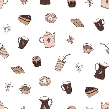 Vector seamless pattern with sweets, cups, teapot. Hand drawn illustration. Food ornament is  perfect for pastry shop design, cafe menu, confectioner label, kitchen wallpaper, fabric textile