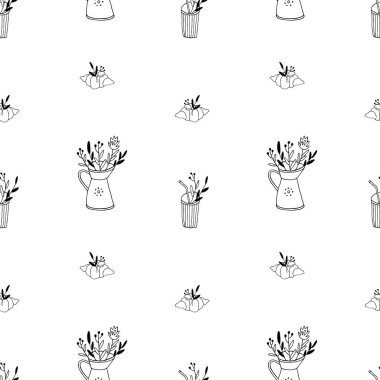 Vector seamless pattern with jug, glass, croissant, flowers. Hand drawn illustration. Colorless ornament contour is perfect for minimal cafe design, menu, card, kitchen wallpaper, fabric textile