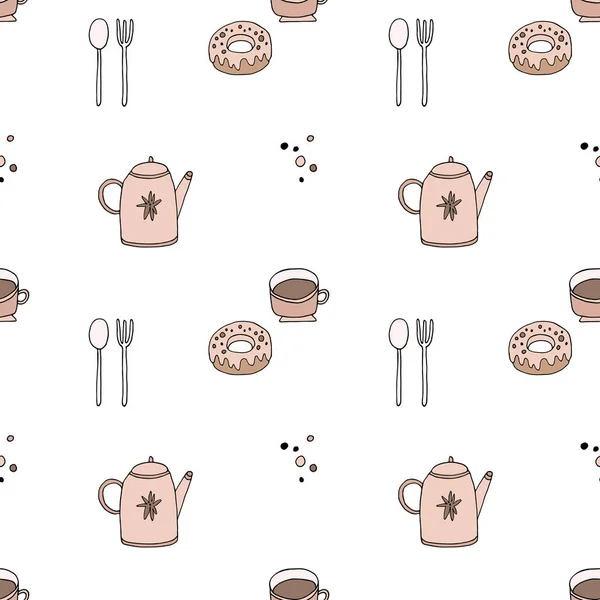 Vector Seamless Pattern Teapot Cup Donut Cutlery Hand Drawn Illustration — Archivo Imágenes Vectoriales