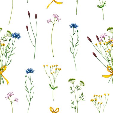 Suluboya kır çiçekleriyle kusursuz desen. El çizimi beyaza izole edilmiş. Çiçek süsü doğal tasarım için mükemmeldir. Çiçek çarşafları, duvar kağıtları, kumaş tekstil.