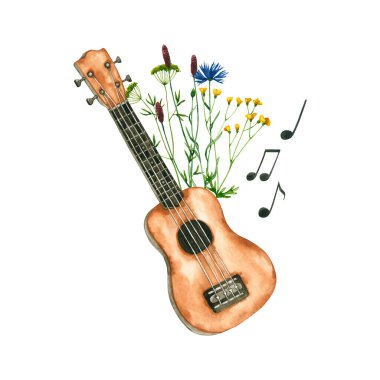Suluboya kır çiçekleri, ukulele, notlar. El çizimi beyaza izole edilmiş. Müzik kompozisyonu doğal tasarım, tebrik kartı, müzisyen logosu, etiket, kumaş tekstili için mükemmeldir.
