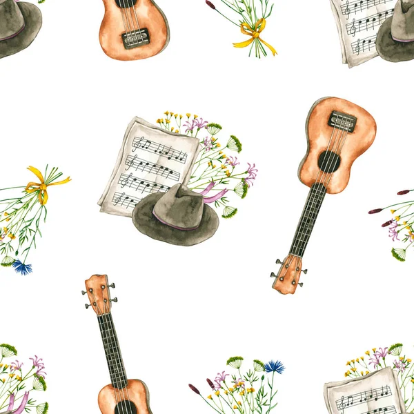 水彩ウクレレ ノート 帽子とシームレスなパターン 手書きのイラストは白で隔離されています 音楽の装飾は 花のデザイン 音楽アルバムカバー ファブリックテキスタイルに最適です — ストック写真