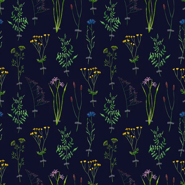Sömlöst Mönster Med Akvarelltorkade Vildblommor Handritad Illustration Isolerad Mörker Herbarium — Stockfoto