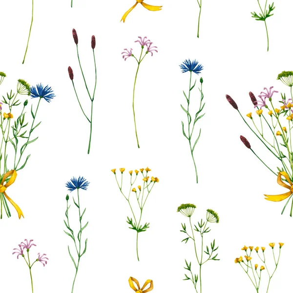 Nahtloses Muster Mit Aquarell Wildblumen Handgezeichnete Illustrationen Sind Isoliert Auf — Stockfoto