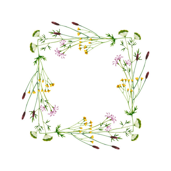 Wreath with watercolor wildflowers. Hand drawn illustration is isolated on white. Square frame is perfect for natural design, greeting card, wedding invitation, floral logo, label