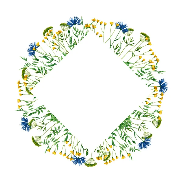水彩の野花と菱形のフレーム 手書きのイラストは白で隔離されています フラワーボーダーは自然デザイン グリーティングカード 結婚式の招待状 花のロゴ ラベルに最適です — ストック写真