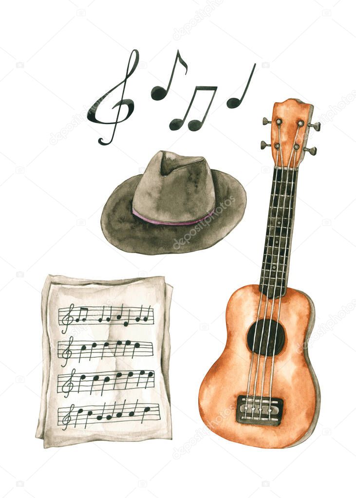 Watercolor set with ukulele, notes, sheet music, hat. Hand drawn illustrations are isolated on white. Music collection is perfect for poster, postcard, banner, invitation