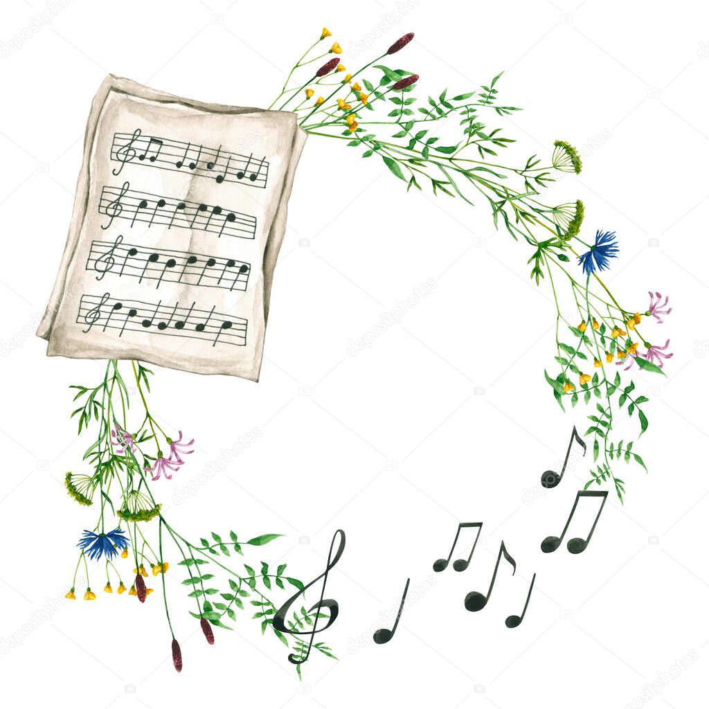 Wreath with watercolor wildflowers, musical notation, notes. Hand drawn illustration is isolated on white. Round frame is perfect for natural design, greeting card, wedding invitation, musical logo