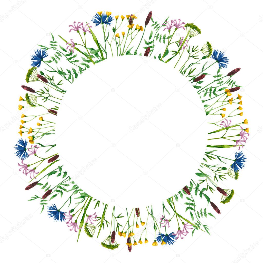 Round frame with watercolor wildflowers. Hand drawn illustration is isolated on white. Flowers border is perfect for natural design, greeting card, wedding invitation, floral logo, label