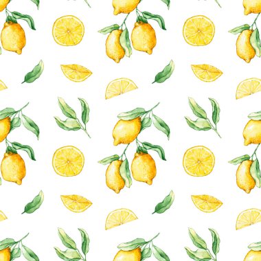 Limon dilimleri ve dallarla kusursuz desen. El çizimi beyaza izole edilmiş. Meyve süsü doğal tasarım, duvar kağıdı, çarşaf, kumaş tekstil, koleksiyon kitabı için mükemmeldir.