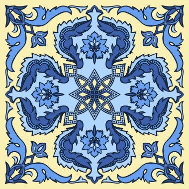 Mavi ve sarı renklerde el çizim döşeme deseni. İtalyan Mayolikası tarzı.