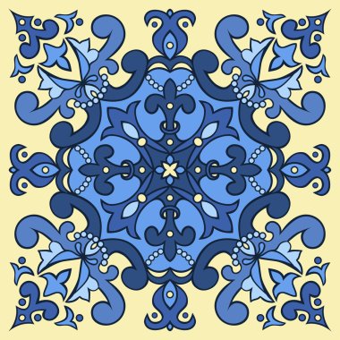 Mavi ve sarı renklerde el çizim döşeme deseni. İtalyan Mayolikası tarzı.