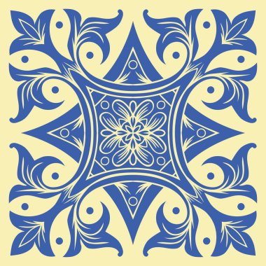 Mavi ve sarı renklerde el çizim döşeme deseni. İtalyan Mayolikası tarzı.