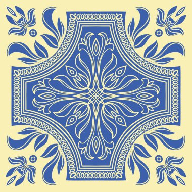 Mavi ve sarı renklerde el çizim döşeme deseni. İtalyan Mayolikası tarzı.