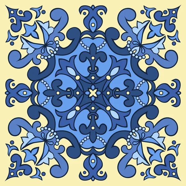 Hand drawing tile pattern in  blue and yellow colors. Italian majolica style. — Stock Vector