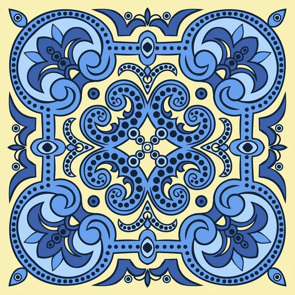 Hand drawing tile pattern in blue and yellow colors. Italian majolica style. — Stock Vector