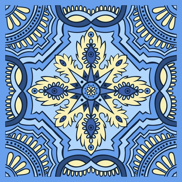 Padrão de azulejo desenho à mão em cores azul e amarelo. Estilo majolica italiano . — Vetor de Stock