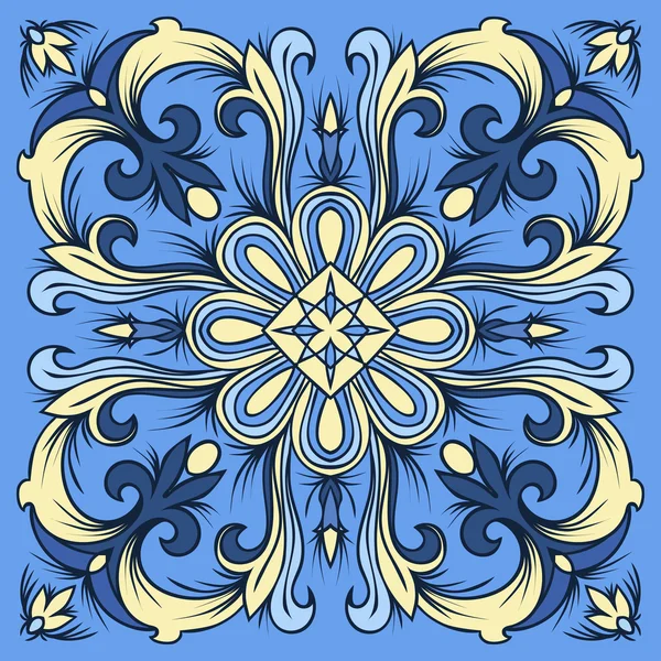 Hand drawing tile pattern in  blue and yellow colors. Italian majolica style. — Stock Vector