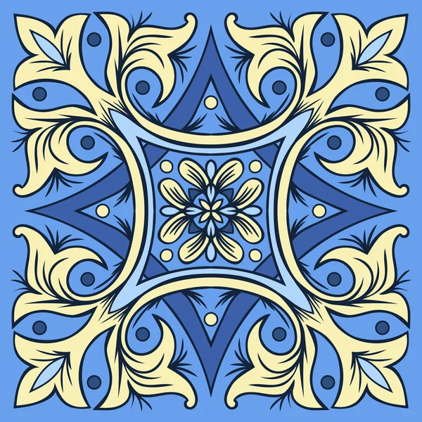 Hand tekenen tegel patroon in blauwe en gele kleuren. Italiaanse majolica stijl. — Stockvector